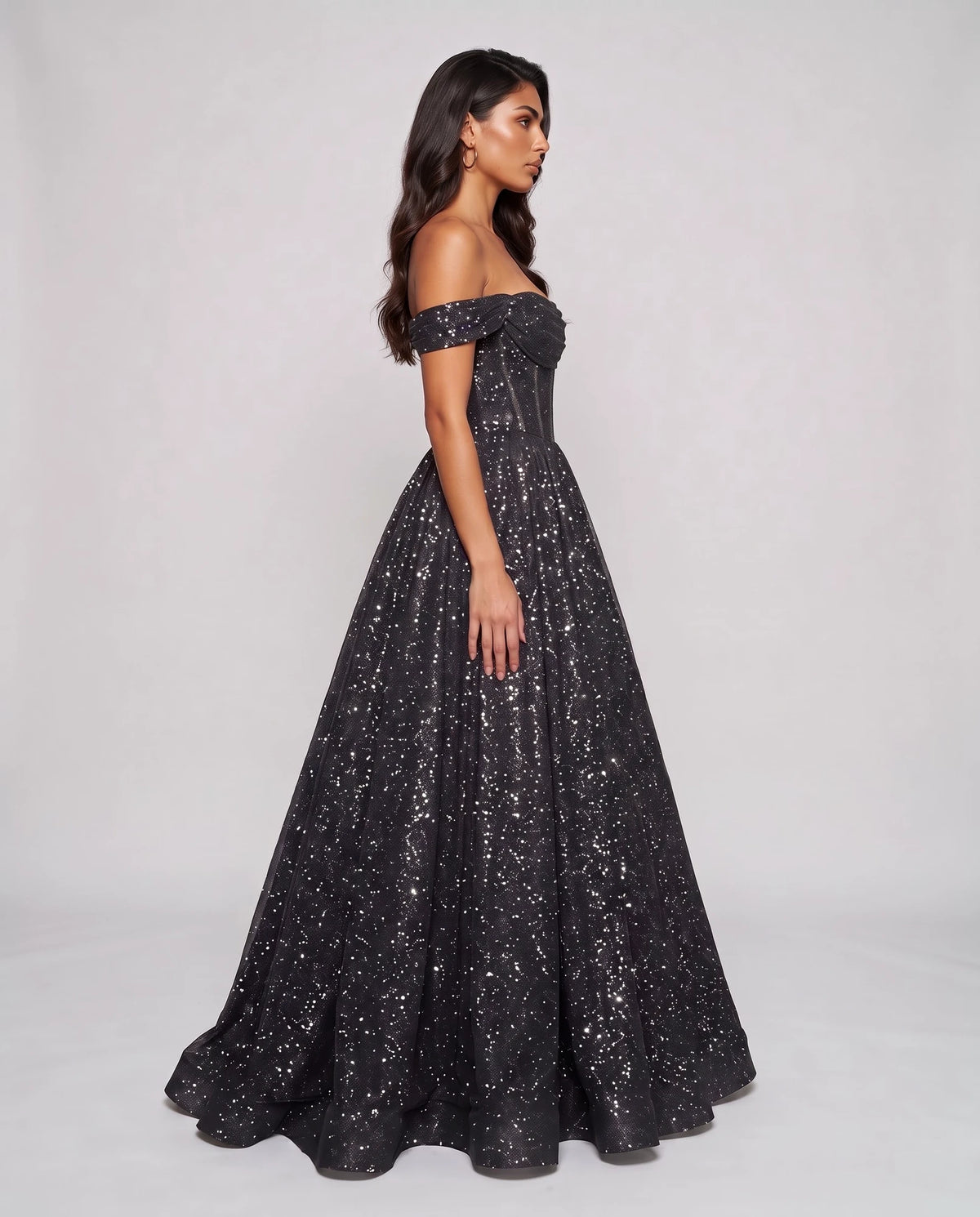 Black Glitter Tulle Off-Shoulder Corset Ball Gown Maxi Dress | Ramblion | SKU: VMD-583194726408315-BLACK-L,VMD-583194726408315-BLACK-M,VMD-583194726408315-BLACK-S,VMD-583194726408315-BLACK-XL,VMD-583194726408315-BLACK-XS