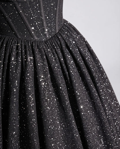 Black Glitter Tulle Off-Shoulder Corset Ball Gown Maxi Dress | Ramblion | SKU: VMD-583194726408315-BLACK-L,VMD-583194726408315-BLACK-M,VMD-583194726408315-BLACK-S,VMD-583194726408315-BLACK-XL,VMD-583194726408315-BLACK-XS