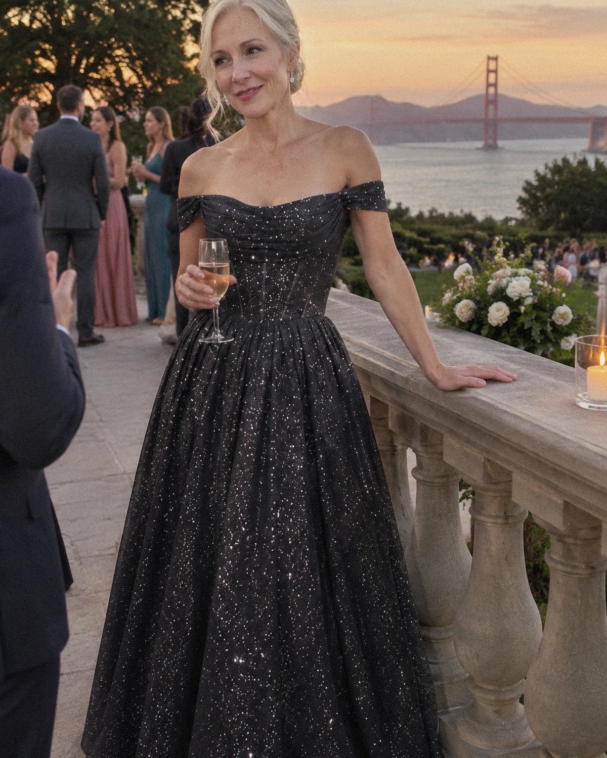 Black Glitter Tulle Off-Shoulder Corset Ball Gown Maxi Dress | Ramblion | SKU: VMD-583194726408315-BLACK-L,VMD-583194726408315-BLACK-M,VMD-583194726408315-BLACK-S,VMD-583194726408315-BLACK-XL,VMD-583194726408315-BLACK-XS