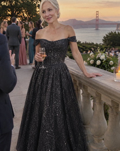 Black Glitter Tulle Off-Shoulder Corset Ball Gown Maxi Dress | Ramblion | SKU: VMD-583194726408315-BLACK-L,VMD-583194726408315-BLACK-M,VMD-583194726408315-BLACK-S,VMD-583194726408315-BLACK-XL,VMD-583194726408315-BLACK-XS