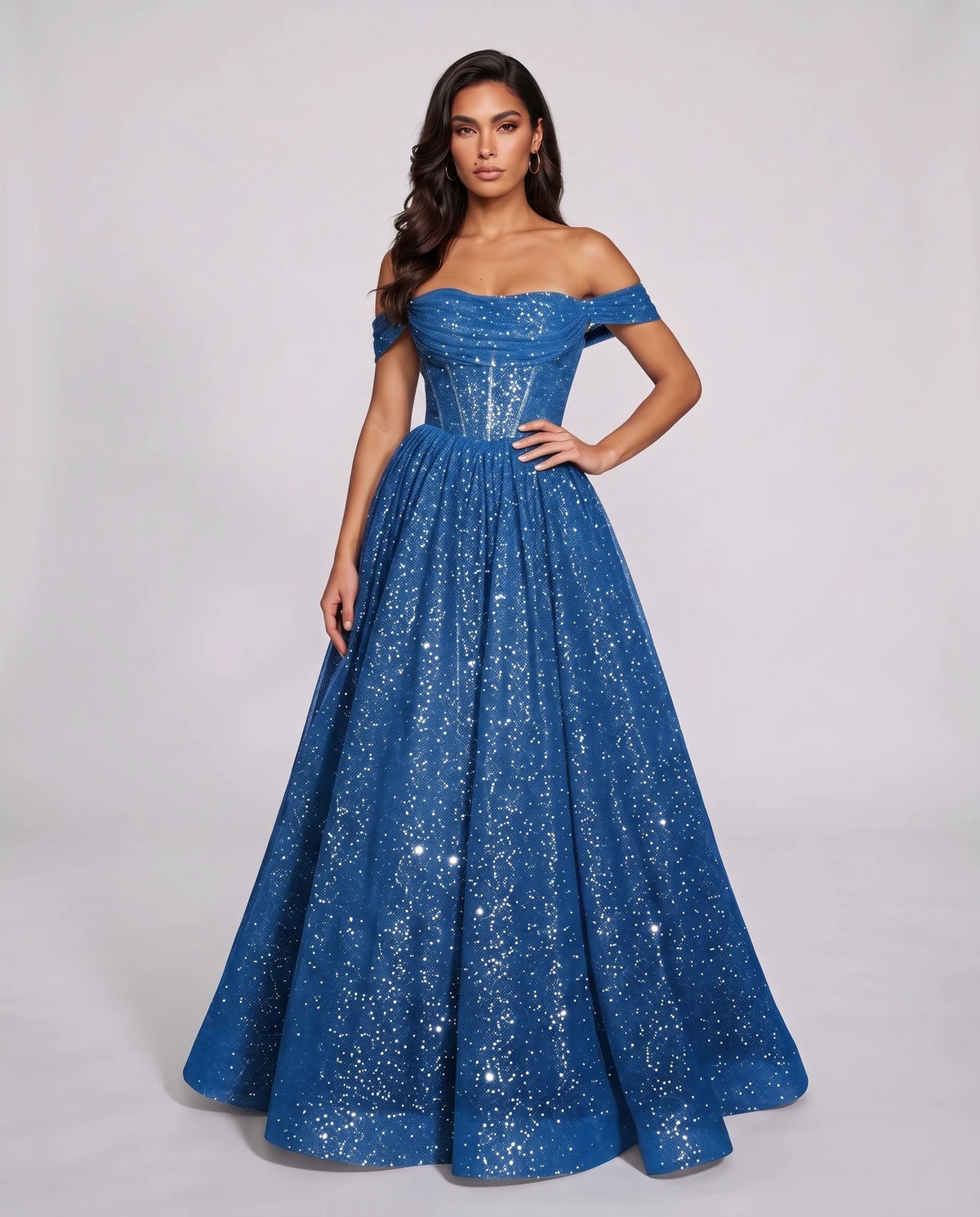 Blue Glitter Tulle Off-Shoulder Corset Ball Gown Maxi Dress | Ramblion | SKU: VMD-583194726408315-BLUE-L,VMD-583194726408315-BLUE-M,VMD-583194726408315-BLUE-S,VMD-583194726408315-BLUE-XL,VMD-583194726408315-BLUE-XS