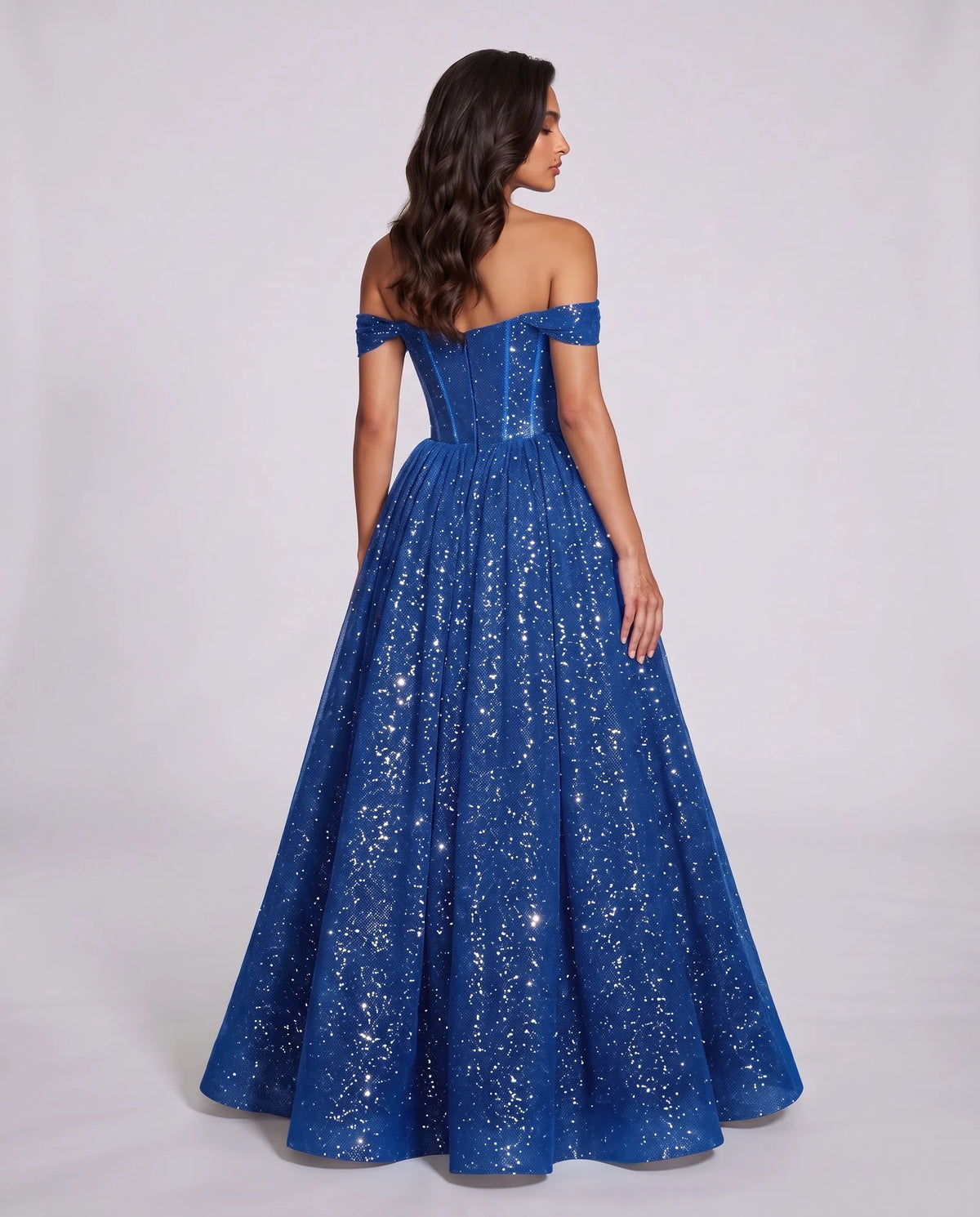 Blue Glitter Tulle Off-Shoulder Corset Ball Gown Maxi Dress | Ramblion | SKU: VMD-583194726408315-BLUE-L,VMD-583194726408315-BLUE-M,VMD-583194726408315-BLUE-S,VMD-583194726408315-BLUE-XL,VMD-583194726408315-BLUE-XS
