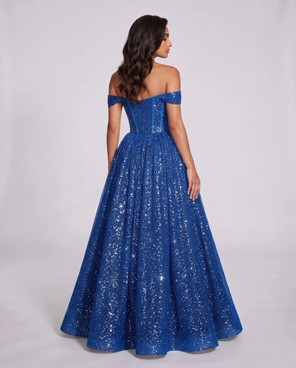 Blue Glitter Tulle Off-Shoulder Corset Ball Gown Maxi Dress | Ramblion | SKU: VMD-583194726408315-BLUE-L,VMD-583194726408315-BLUE-M,VMD-583194726408315-BLUE-S,VMD-583194726408315-BLUE-XL,VMD-583194726408315-BLUE-XS