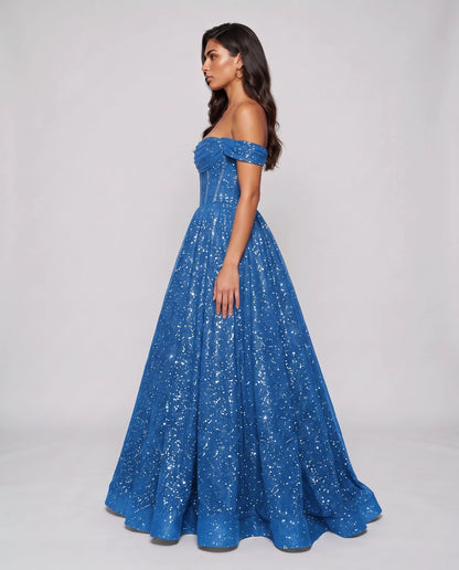 Blue Glitter Tulle Off-Shoulder Corset Ball Gown Maxi Dress | Ramblion | SKU: VMD-583194726408315-BLUE-L,VMD-583194726408315-BLUE-M,VMD-583194726408315-BLUE-S,VMD-583194726408315-BLUE-XL,VMD-583194726408315-BLUE-XS