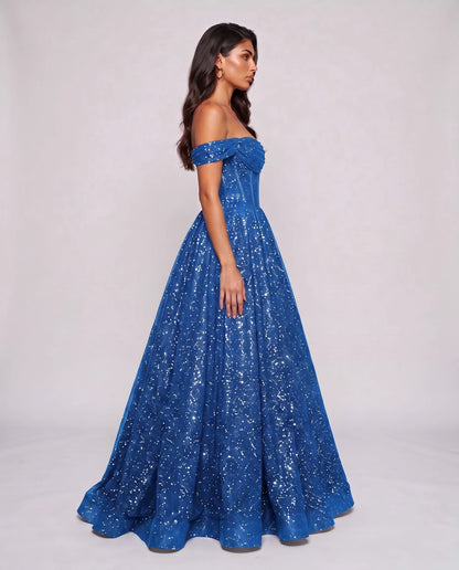 Blue Glitter Tulle Off-Shoulder Corset Ball Gown Maxi Dress | Ramblion | SKU: VMD-583194726408315-BLUE-L,VMD-583194726408315-BLUE-M,VMD-583194726408315-BLUE-S,VMD-583194726408315-BLUE-XL,VMD-583194726408315-BLUE-XS