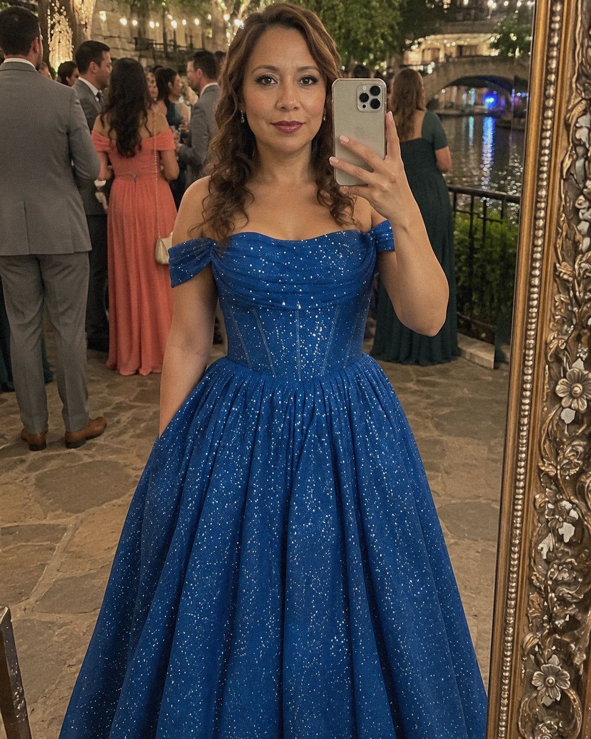 Blue Glitter Tulle Off-Shoulder Corset Ball Gown Maxi Dress | Ramblion | SKU: VMD-583194726408315-BLUE-L,VMD-583194726408315-BLUE-M,VMD-583194726408315-BLUE-S,VMD-583194726408315-BLUE-XL,VMD-583194726408315-BLUE-XS