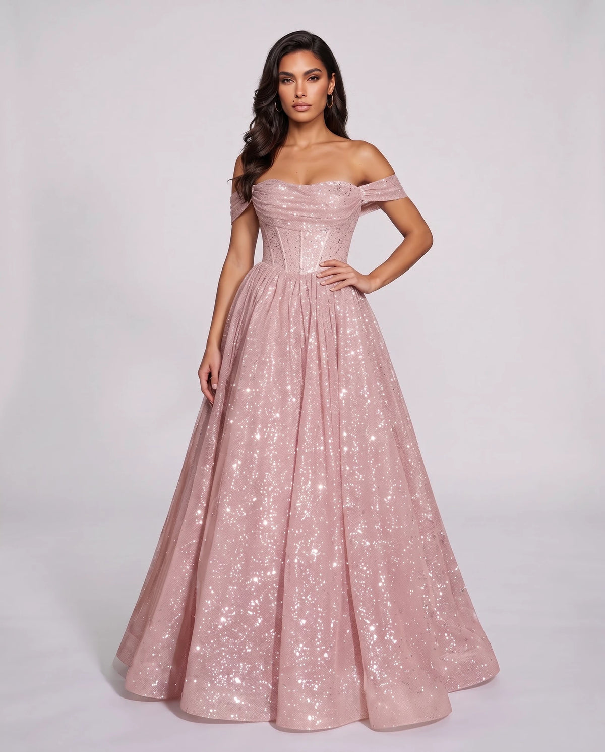 Blush Glitter Tulle Off-Shoulder Corset Ball Gown Maxi Dress | Ramblion | SKU: VMD-583194726408315-BLUSH-L,VMD-583194726408315-BLUSH-M,VMD-583194726408315-BLUSH-S,VMD-583194726408315-BLUSH-XL,VMD-583194726408315-BLUSH-XS
