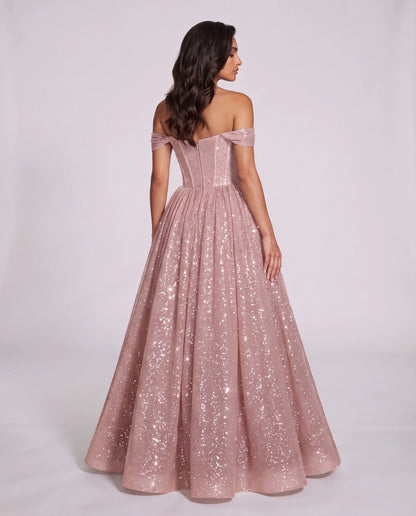 Blush Glitter Tulle Off-Shoulder Corset Ball Gown Maxi Dress | Ramblion | SKU: VMD-583194726408315-BLUSH-L,VMD-583194726408315-BLUSH-M,VMD-583194726408315-BLUSH-S,VMD-583194726408315-BLUSH-XL,VMD-583194726408315-BLUSH-XS