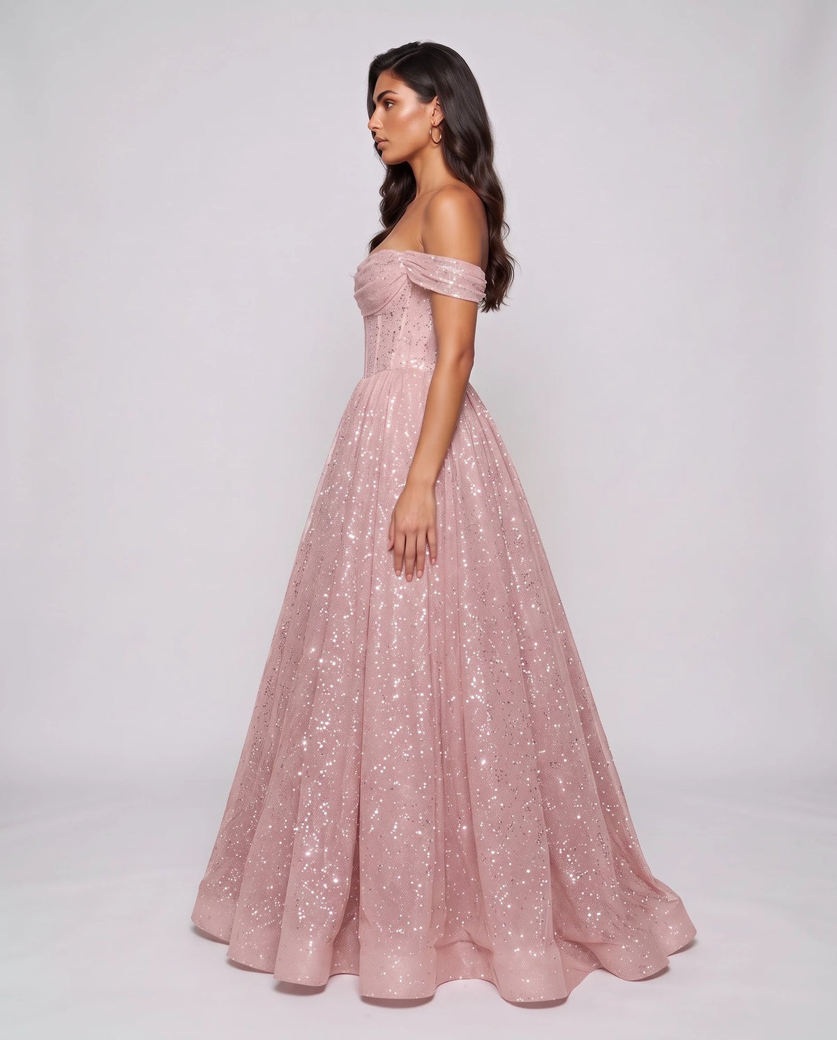 Blush Glitter Tulle Off-Shoulder Corset Ball Gown Maxi Dress | Ramblion | SKU: VMD-583194726408315-BLUSH-L,VMD-583194726408315-BLUSH-M,VMD-583194726408315-BLUSH-S,VMD-583194726408315-BLUSH-XL,VMD-583194726408315-BLUSH-XS
