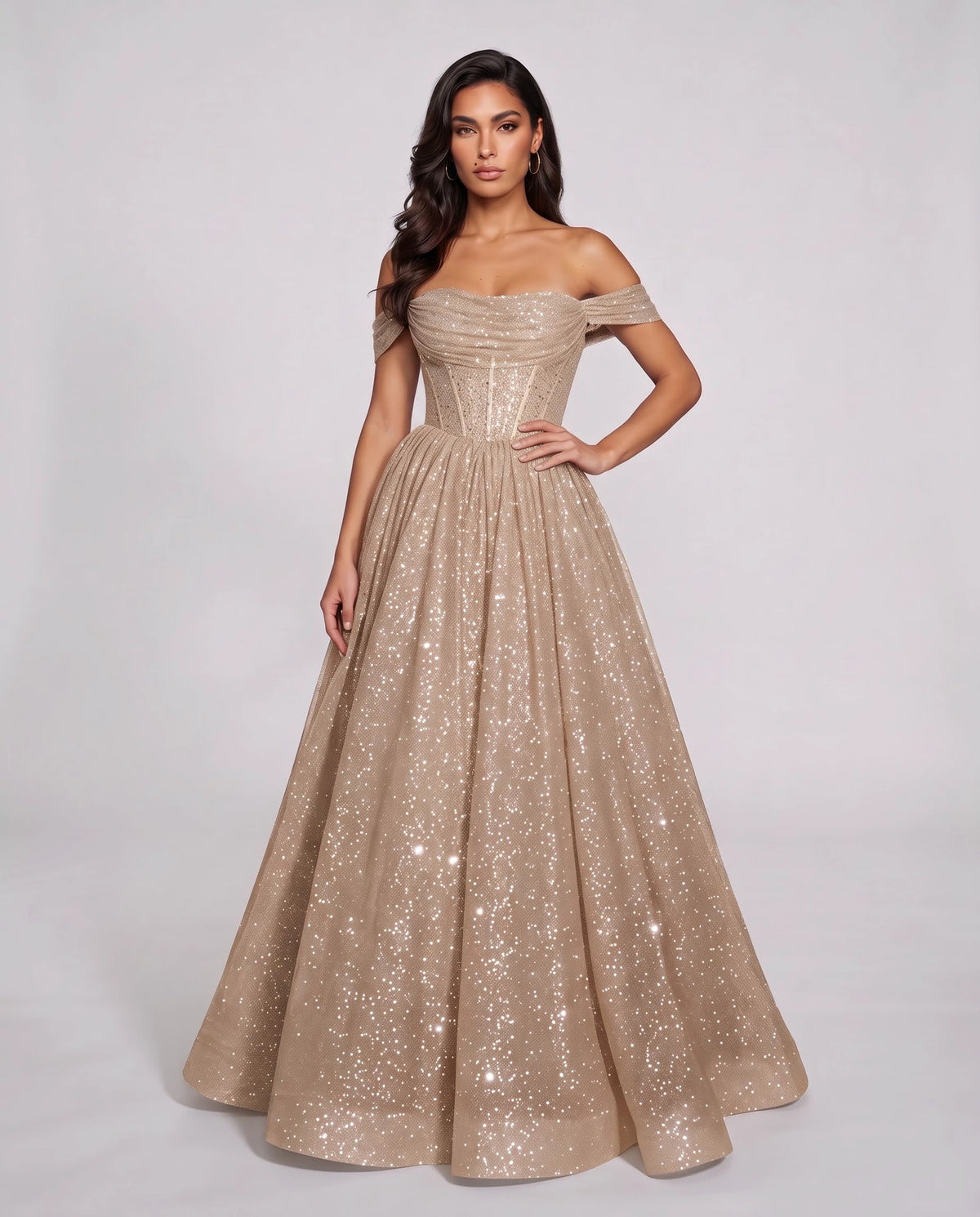 Сhampagne Glitter Tulle Off-Shoulder Corset Ball Gown Maxi Dress | Ramblion | SKU: VMD-583194726408315-CHAMPAGNE-L,VMD-583194726408315-CHAMPAGNE-M,VMD-583194726408315-CHAMPAGNE-S,VMD-583194726408315-CHAMPAGNE-XL,VMD-583194726408315-CHAMPAGNE-XS