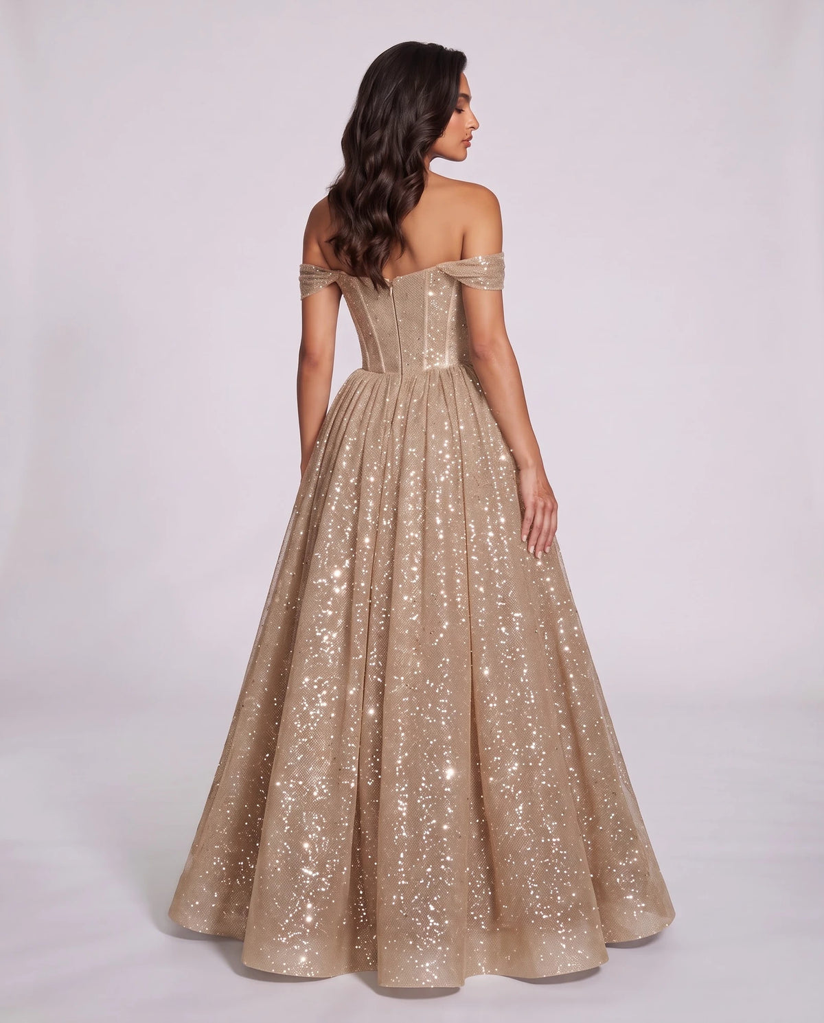 Сhampagne Glitter Tulle Off-Shoulder Corset Ball Gown Maxi Dress | Ramblion | SKU: VMD-583194726408315-CHAMPAGNE-L,VMD-583194726408315-CHAMPAGNE-M,VMD-583194726408315-CHAMPAGNE-S,VMD-583194726408315-CHAMPAGNE-XL,VMD-583194726408315-CHAMPAGNE-XS