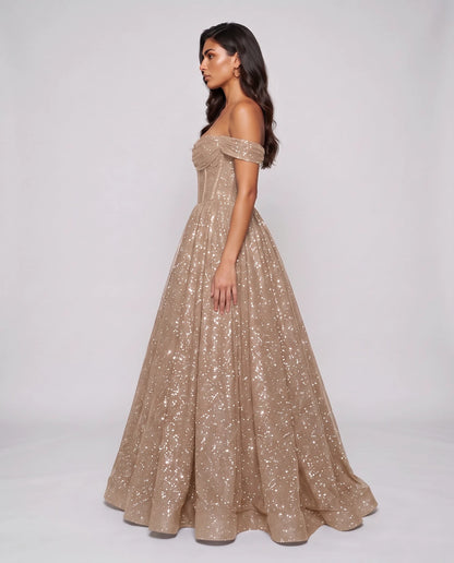 Сhampagne Glitter Tulle Off-Shoulder Corset Ball Gown Maxi Dress | Ramblion | SKU: VMD-583194726408315-CHAMPAGNE-L,VMD-583194726408315-CHAMPAGNE-M,VMD-583194726408315-CHAMPAGNE-S,VMD-583194726408315-CHAMPAGNE-XL,VMD-583194726408315-CHAMPAGNE-XS