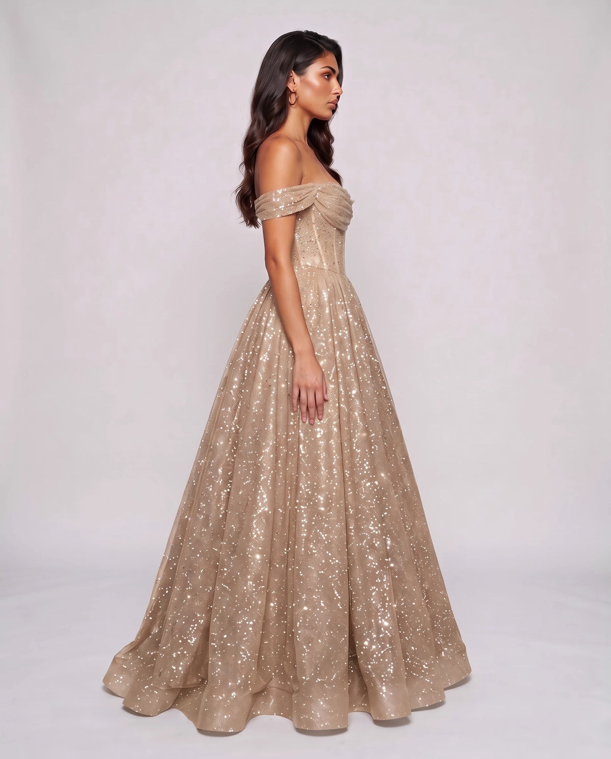 Сhampagne Glitter Tulle Off-Shoulder Corset Ball Gown Maxi Dress | Ramblion | SKU: VMD-583194726408315-CHAMPAGNE-L,VMD-583194726408315-CHAMPAGNE-M,VMD-583194726408315-CHAMPAGNE-S,VMD-583194726408315-CHAMPAGNE-XL,VMD-583194726408315-CHAMPAGNE-XS