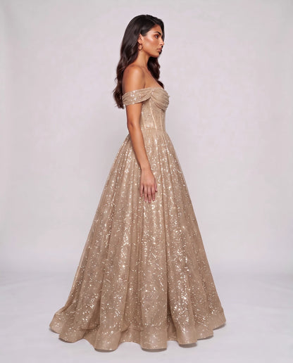 Сhampagne Glitter Tulle Off-Shoulder Corset Ball Gown Maxi Dress | Ramblion | SKU: VMD-583194726408315-CHAMPAGNE-L,VMD-583194726408315-CHAMPAGNE-M,VMD-583194726408315-CHAMPAGNE-S,VMD-583194726408315-CHAMPAGNE-XL,VMD-583194726408315-CHAMPAGNE-XS