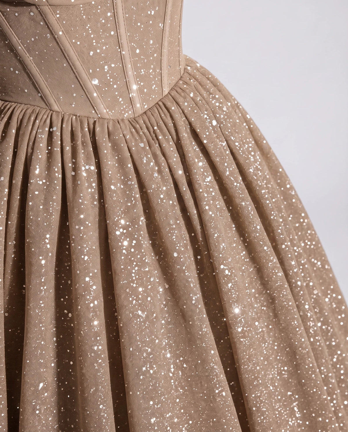 Сhampagne Glitter Tulle Off-Shoulder Corset Ball Gown Maxi Dress | Ramblion | SKU: VMD-583194726408315-CHAMPAGNE-L,VMD-583194726408315-CHAMPAGNE-M,VMD-583194726408315-CHAMPAGNE-S,VMD-583194726408315-CHAMPAGNE-XL,VMD-583194726408315-CHAMPAGNE-XS