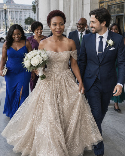 Сhampagne Glitter Tulle Off-Shoulder Corset Ball Gown Maxi Dress | Ramblion | SKU: VMD-583194726408315-CHAMPAGNE-L,VMD-583194726408315-CHAMPAGNE-M,VMD-583194726408315-CHAMPAGNE-S,VMD-583194726408315-CHAMPAGNE-XL,VMD-583194726408315-CHAMPAGNE-XS