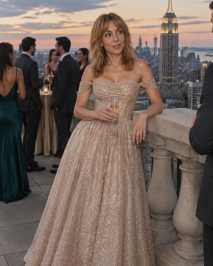 Сhampagne Glitter Tulle Off-Shoulder Corset Ball Gown Maxi Dress | Ramblion | SKU: VMD-583194726408315-CHAMPAGNE-L,VMD-583194726408315-CHAMPAGNE-M,VMD-583194726408315-CHAMPAGNE-S,VMD-583194726408315-CHAMPAGNE-XL,VMD-583194726408315-CHAMPAGNE-XS