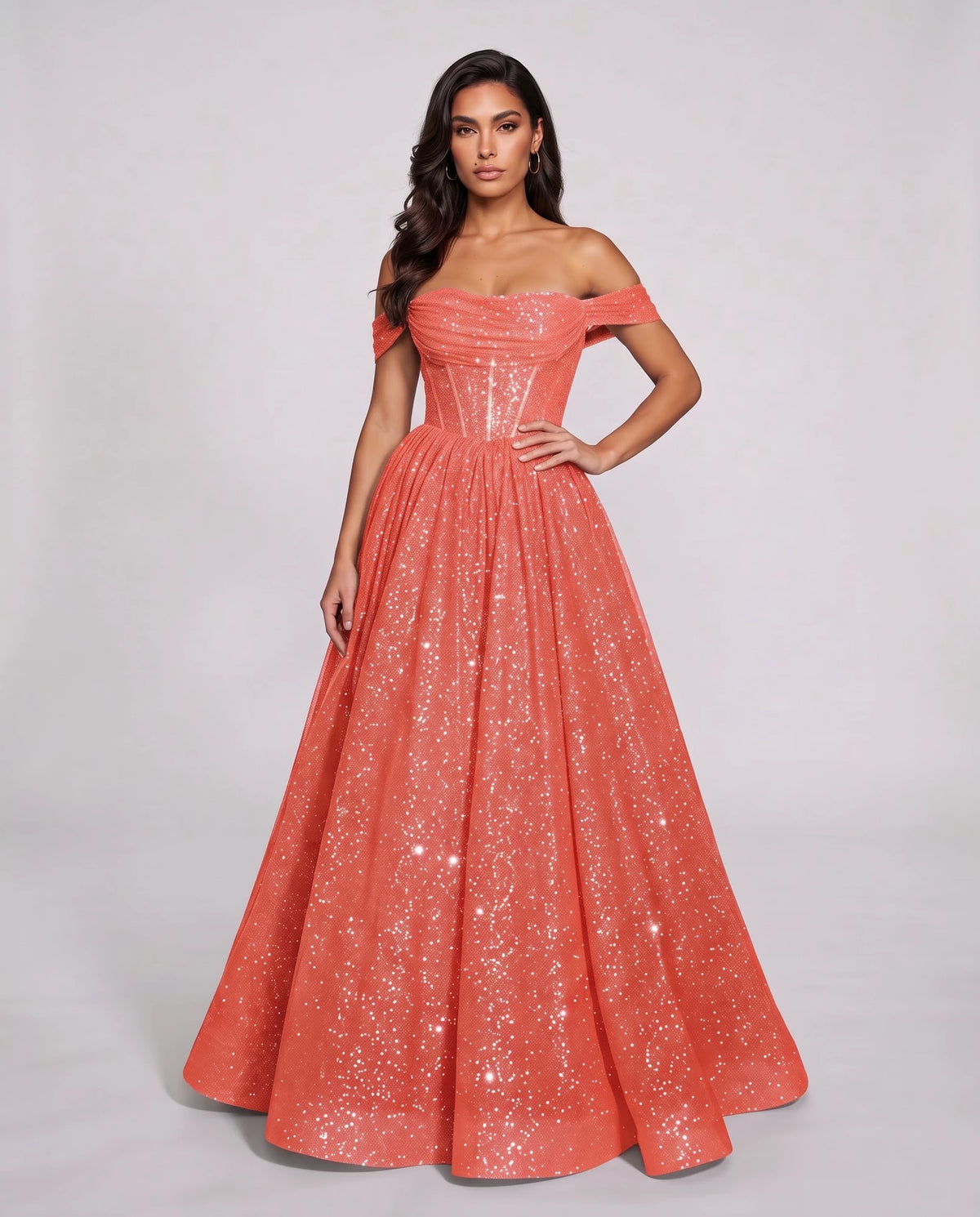 Coral Glitter Tulle Off-Shoulder Corset Ball Gown Maxi Dress | Ramblion | SKU: VMD-583194726408315-CORAL-L,VMD-583194726408315-CORAL-M,VMD-583194726408315-CORAL-S,VMD-583194726408315-CORAL-XL,VMD-583194726408315-CORAL-XS
