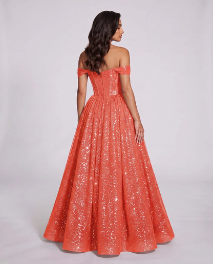 Coral Glitter Tulle Off-Shoulder Corset Ball Gown Maxi Dress | Ramblion | SKU: VMD-583194726408315-CORAL-L,VMD-583194726408315-CORAL-M,VMD-583194726408315-CORAL-S,VMD-583194726408315-CORAL-XL,VMD-583194726408315-CORAL-XS