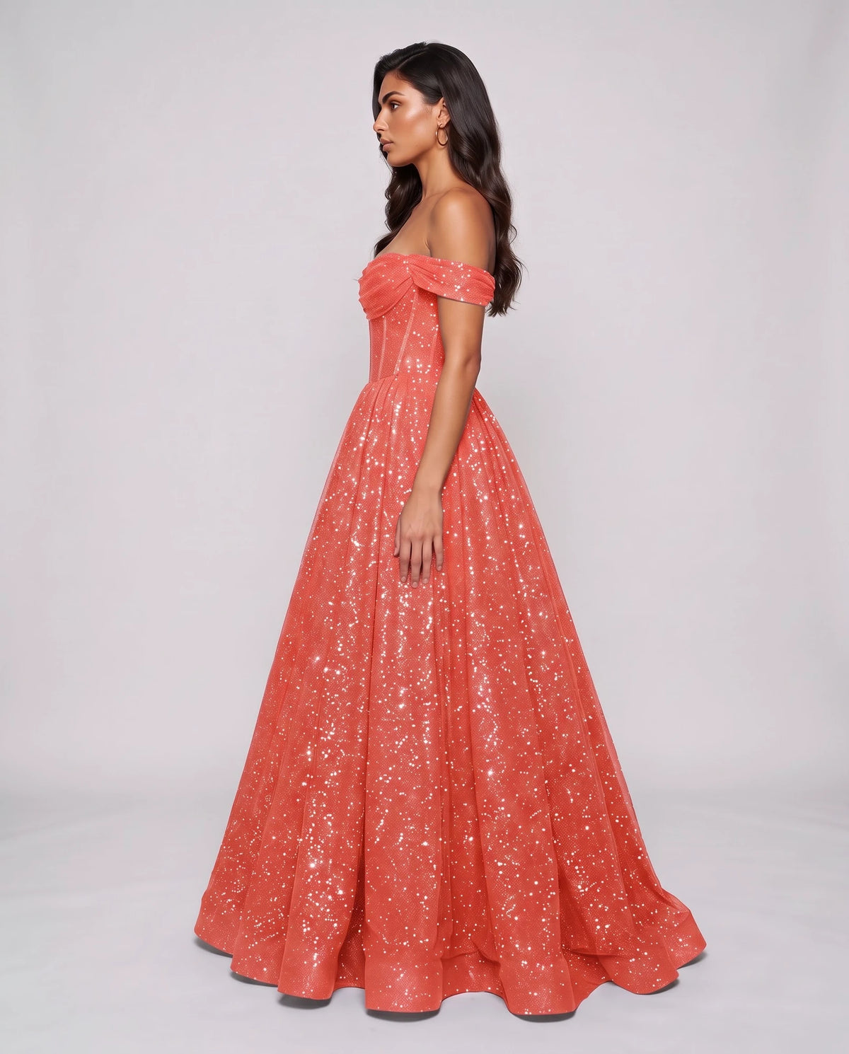 Coral Glitter Tulle Off-Shoulder Corset Ball Gown Maxi Dress | Ramblion | SKU: VMD-583194726408315-CORAL-L,VMD-583194726408315-CORAL-M,VMD-583194726408315-CORAL-S,VMD-583194726408315-CORAL-XL,VMD-583194726408315-CORAL-XS