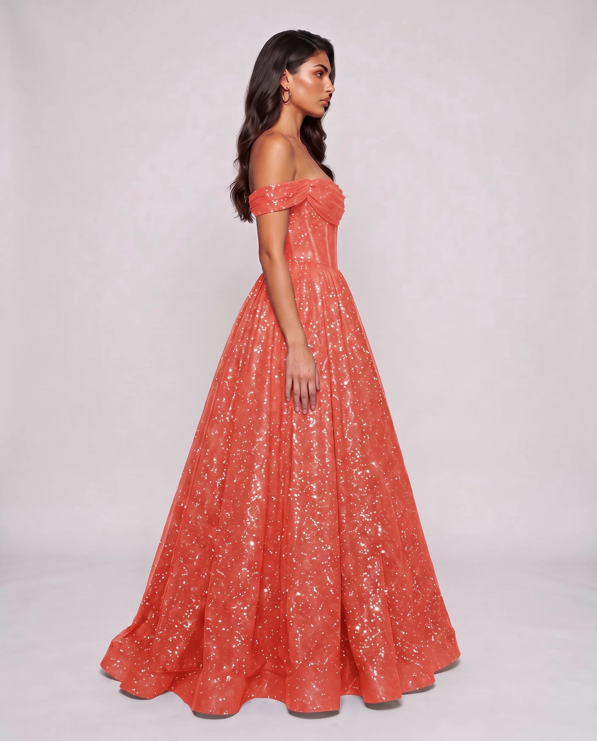 Coral Glitter Tulle Off-Shoulder Corset Ball Gown Maxi Dress | Ramblion | SKU: VMD-583194726408315-CORAL-L,VMD-583194726408315-CORAL-M,VMD-583194726408315-CORAL-S,VMD-583194726408315-CORAL-XL,VMD-583194726408315-CORAL-XS
