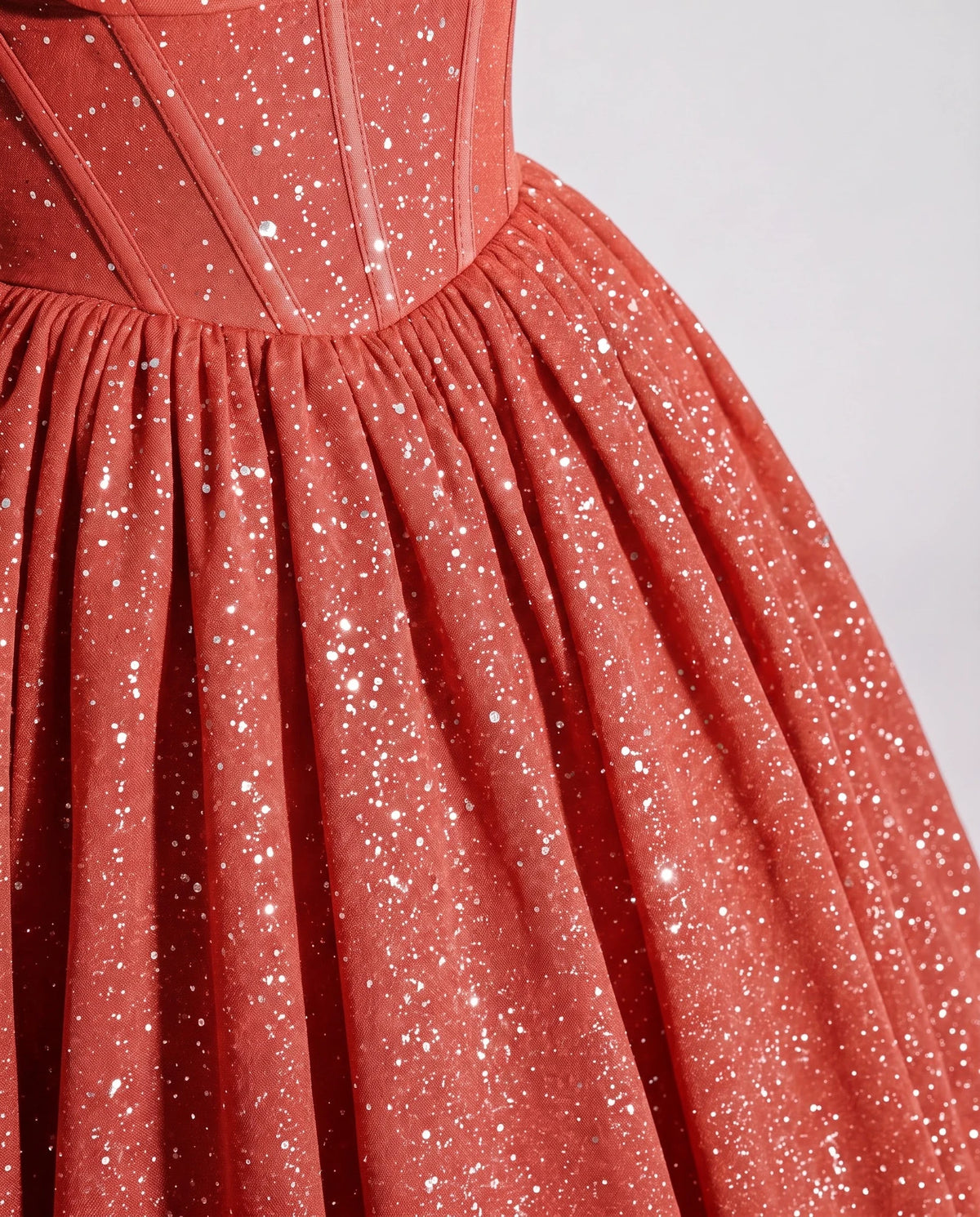 Coral Glitter Tulle Off-Shoulder Corset Ball Gown Maxi Dress | Ramblion | SKU: VMD-583194726408315-CORAL-L,VMD-583194726408315-CORAL-M,VMD-583194726408315-CORAL-S,VMD-583194726408315-CORAL-XL,VMD-583194726408315-CORAL-XS