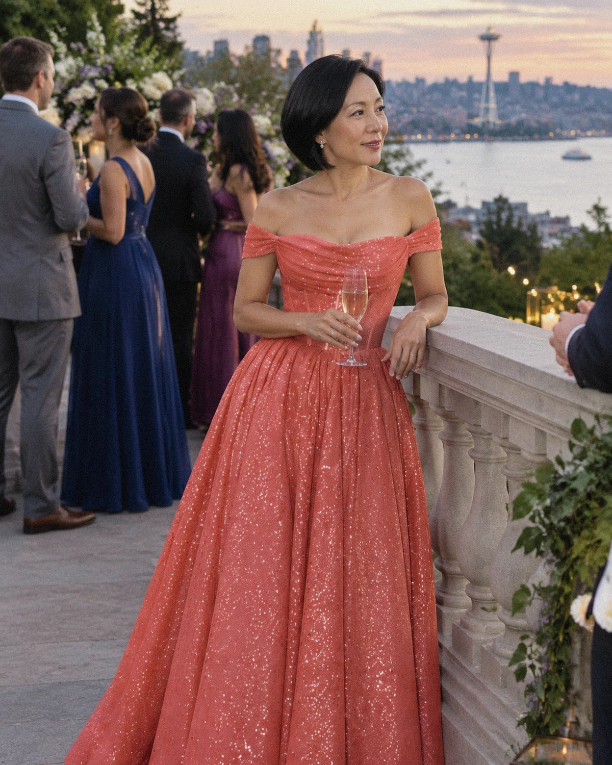 Coral Glitter Tulle Off-Shoulder Corset Ball Gown Maxi Dress | Ramblion | SKU: VMD-583194726408315-CORAL-L,VMD-583194726408315-CORAL-M,VMD-583194726408315-CORAL-S,VMD-583194726408315-CORAL-XL,VMD-583194726408315-CORAL-XS