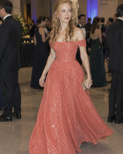 Coral Glitter Tulle Off-Shoulder Corset Ball Gown Maxi Dress | Ramblion | SKU: VMD-583194726408315-CORAL-L,VMD-583194726408315-CORAL-M,VMD-583194726408315-CORAL-S,VMD-583194726408315-CORAL-XL,VMD-583194726408315-CORAL-XS