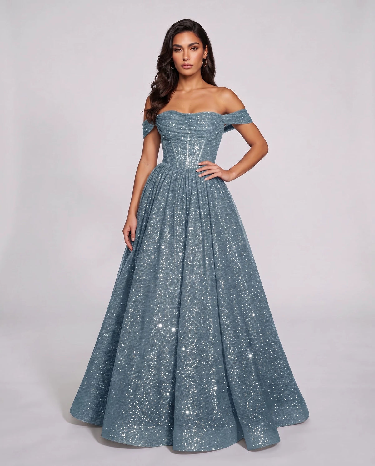 Dusty blue Glitter Tulle Off-Shoulder Corset Ball Gown Maxi Dress | Ramblion | SKU: VMD-583194726408315-DUSTYBLUE-L,VMD-583194726408315-DUSTYBLUE-M,VMD-583194726408315-DUSTYBLUE-S,VMD-583194726408315-DUSTYBLUE-XL,VMD-583194726408315-DUSTYBLUE-XS