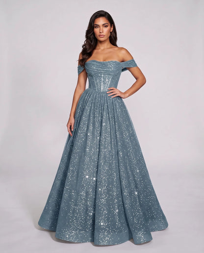 Dusty blue Glitter Tulle Off-Shoulder Corset Ball Gown Maxi Dress | Ramblion | SKU: VMD-583194726408315-DUSTYBLUE-L,VMD-583194726408315-DUSTYBLUE-M,VMD-583194726408315-DUSTYBLUE-S,VMD-583194726408315-DUSTYBLUE-XL,VMD-583194726408315-DUSTYBLUE-XS