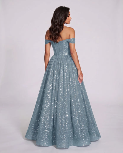 Dusty blue Glitter Tulle Off-Shoulder Corset Ball Gown Maxi Dress | Ramblion | SKU: VMD-583194726408315-DUSTYBLUE-L,VMD-583194726408315-DUSTYBLUE-M,VMD-583194726408315-DUSTYBLUE-S,VMD-583194726408315-DUSTYBLUE-XL,VMD-583194726408315-DUSTYBLUE-XS