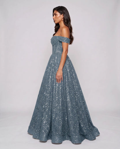 Dusty blue Glitter Tulle Off-Shoulder Corset Ball Gown Maxi Dress | Ramblion | SKU: VMD-583194726408315-DUSTYBLUE-L,VMD-583194726408315-DUSTYBLUE-M,VMD-583194726408315-DUSTYBLUE-S,VMD-583194726408315-DUSTYBLUE-XL,VMD-583194726408315-DUSTYBLUE-XS