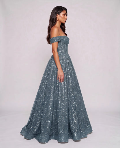 Dusty blue Glitter Tulle Off-Shoulder Corset Ball Gown Maxi Dress | Ramblion | SKU: VMD-583194726408315-DUSTYBLUE-L,VMD-583194726408315-DUSTYBLUE-M,VMD-583194726408315-DUSTYBLUE-S,VMD-583194726408315-DUSTYBLUE-XL,VMD-583194726408315-DUSTYBLUE-XS