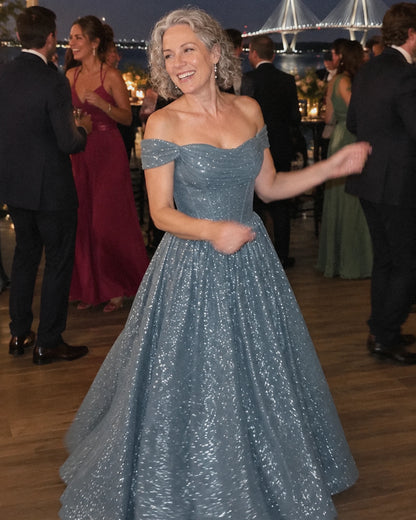 Dusty blue Glitter Tulle Off-Shoulder Corset Ball Gown Maxi Dress | Ramblion | SKU: VMD-583194726408315-DUSTYBLUE-L,VMD-583194726408315-DUSTYBLUE-M,VMD-583194726408315-DUSTYBLUE-S,VMD-583194726408315-DUSTYBLUE-XL,VMD-583194726408315-DUSTYBLUE-XS