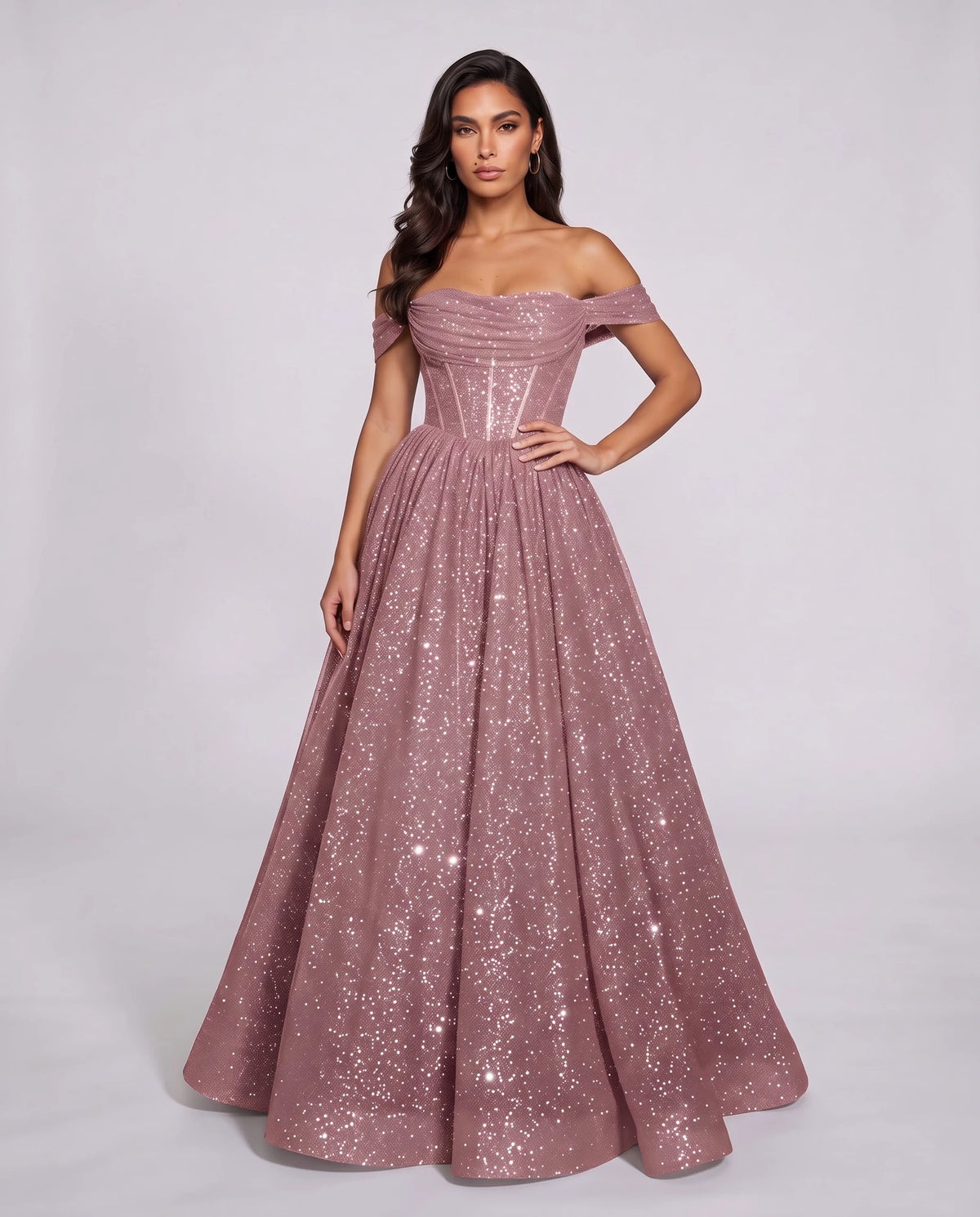 Dusty pink Glitter Tulle Off-Shoulder Corset Ball Gown Maxi Dress | Ramblion | SKU: VMD-583194726408315-DUSTYPINK-L,VMD-583194726408315-DUSTYPINK-M,VMD-583194726408315-DUSTYPINK-S,VMD-583194726408315-DUSTYPINK-XL,VMD-583194726408315-DUSTYPINK-XS