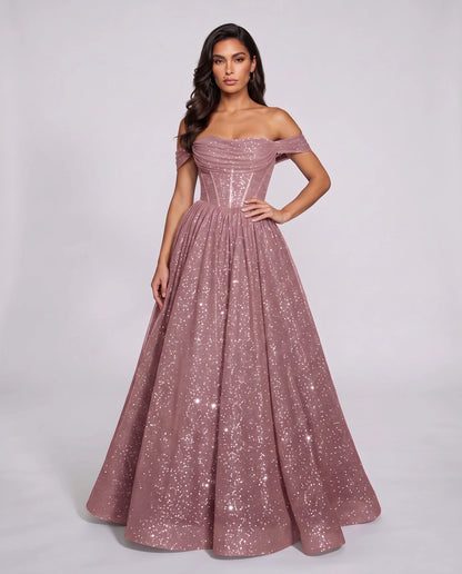 Dusty pink Glitter Tulle Off-Shoulder Corset Ball Gown Maxi Dress | Ramblion | SKU: VMD-583194726408315-DUSTYPINK-L,VMD-583194726408315-DUSTYPINK-M,VMD-583194726408315-DUSTYPINK-S,VMD-583194726408315-DUSTYPINK-XL,VMD-583194726408315-DUSTYPINK-XS