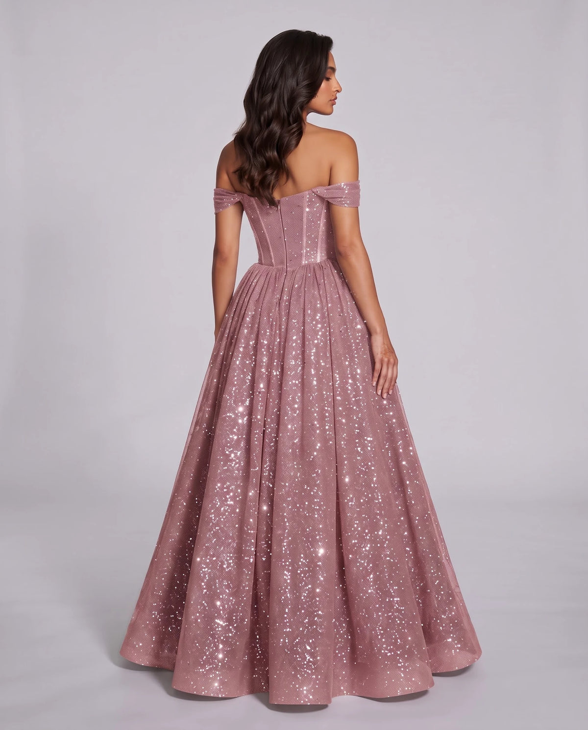 Dusty pink Glitter Tulle Off-Shoulder Corset Ball Gown Maxi Dress | Ramblion | SKU: VMD-583194726408315-DUSTYPINK-L,VMD-583194726408315-DUSTYPINK-M,VMD-583194726408315-DUSTYPINK-S,VMD-583194726408315-DUSTYPINK-XL,VMD-583194726408315-DUSTYPINK-XS