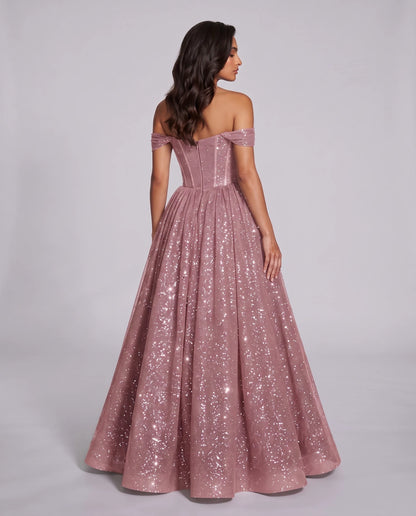 Dusty pink Glitter Tulle Off-Shoulder Corset Ball Gown Maxi Dress | Ramblion | SKU: VMD-583194726408315-DUSTYPINK-L,VMD-583194726408315-DUSTYPINK-M,VMD-583194726408315-DUSTYPINK-S,VMD-583194726408315-DUSTYPINK-XL,VMD-583194726408315-DUSTYPINK-XS