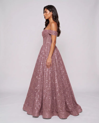 Dusty pink Glitter Tulle Off-Shoulder Corset Ball Gown Maxi Dress | Ramblion | SKU: VMD-583194726408315-DUSTYPINK-L,VMD-583194726408315-DUSTYPINK-M,VMD-583194726408315-DUSTYPINK-S,VMD-583194726408315-DUSTYPINK-XL,VMD-583194726408315-DUSTYPINK-XS