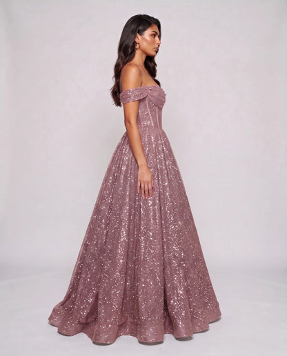 Dusty pink Glitter Tulle Off-Shoulder Corset Ball Gown Maxi Dress | Ramblion | SKU: VMD-583194726408315-DUSTYPINK-L,VMD-583194726408315-DUSTYPINK-M,VMD-583194726408315-DUSTYPINK-S,VMD-583194726408315-DUSTYPINK-XL,VMD-583194726408315-DUSTYPINK-XS