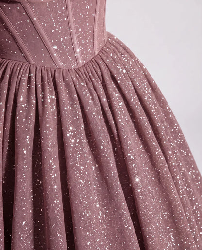 Dusty pink Glitter Tulle Off-Shoulder Corset Ball Gown Maxi Dress | Ramblion | SKU: VMD-583194726408315-DUSTYPINK-L,VMD-583194726408315-DUSTYPINK-M,VMD-583194726408315-DUSTYPINK-S,VMD-583194726408315-DUSTYPINK-XL,VMD-583194726408315-DUSTYPINK-XS