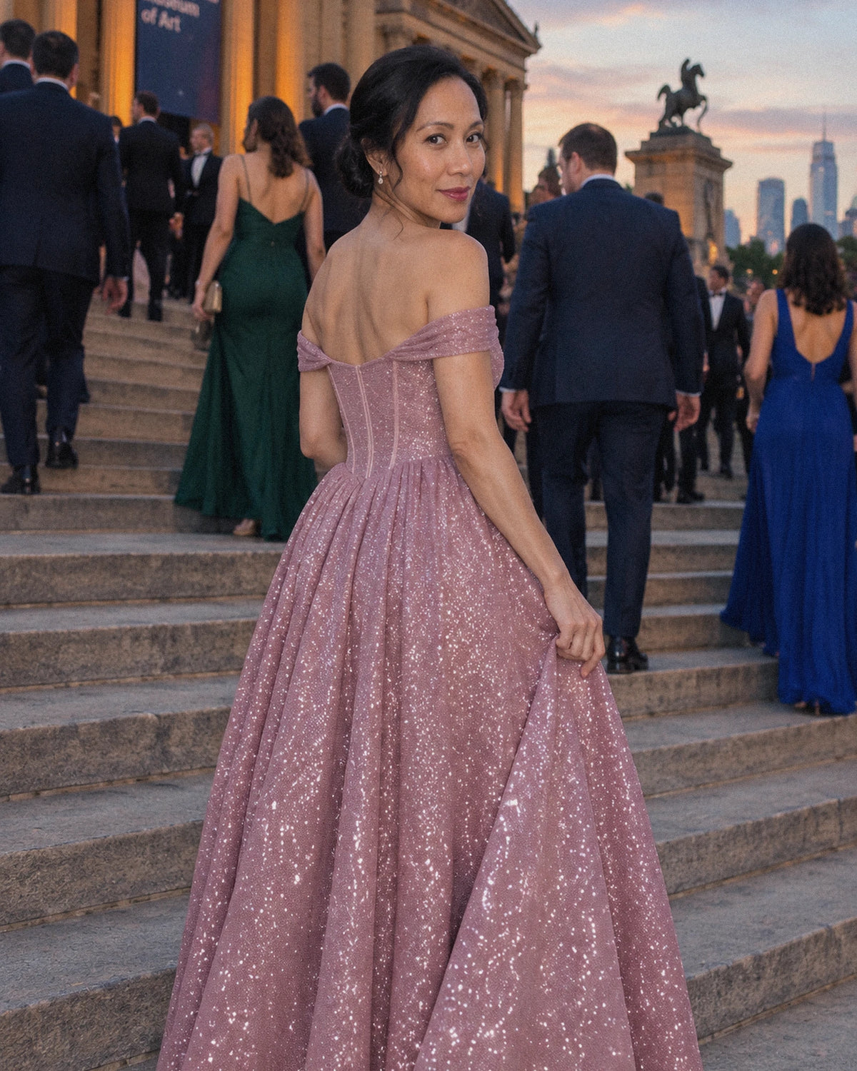 Dusty pink Glitter Tulle Off-Shoulder Corset Ball Gown Maxi Dress | Ramblion | SKU: VMD-583194726408315-DUSTYPINK-L,VMD-583194726408315-DUSTYPINK-M,VMD-583194726408315-DUSTYPINK-S,VMD-583194726408315-DUSTYPINK-XL,VMD-583194726408315-DUSTYPINK-XS