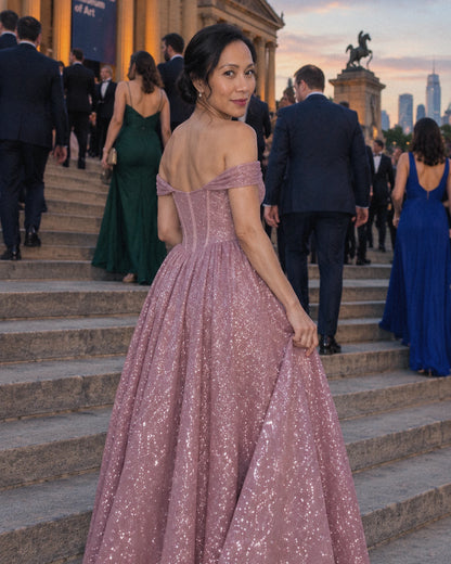 Dusty pink Glitter Tulle Off-Shoulder Corset Ball Gown Maxi Dress | Ramblion | SKU: VMD-583194726408315-DUSTYPINK-L,VMD-583194726408315-DUSTYPINK-M,VMD-583194726408315-DUSTYPINK-S,VMD-583194726408315-DUSTYPINK-XL,VMD-583194726408315-DUSTYPINK-XS