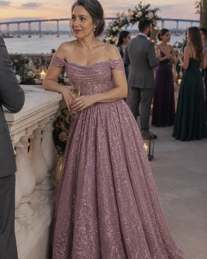 Dusty pink Glitter Tulle Off-Shoulder Corset Ball Gown Maxi Dress | Ramblion | SKU: VMD-583194726408315-DUSTYPINK-L,VMD-583194726408315-DUSTYPINK-M,VMD-583194726408315-DUSTYPINK-S,VMD-583194726408315-DUSTYPINK-XL,VMD-583194726408315-DUSTYPINK-XS
