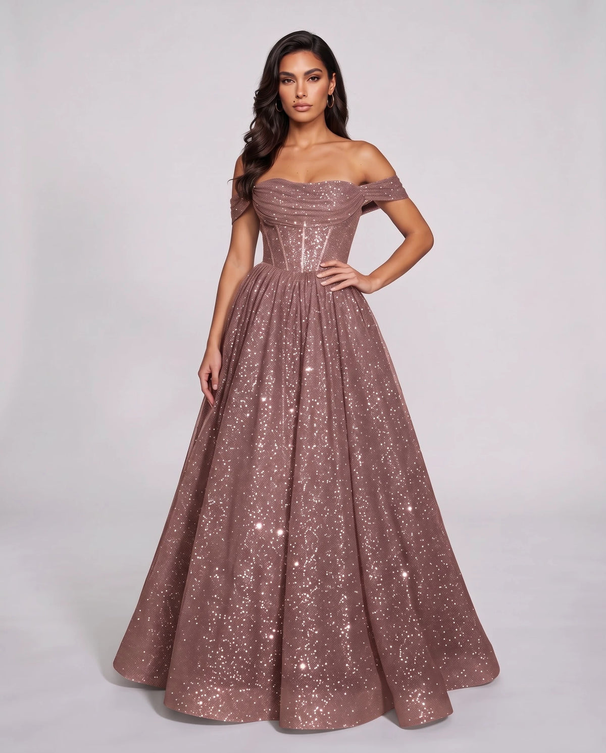 Dusty rose Glitter Tulle Off-Shoulder Corset Ball Gown Maxi Dress | Ramblion | SKU: VMD-583194726408315-DUSTYROSE-L,VMD-583194726408315-DUSTYROSE-M,VMD-583194726408315-DUSTYROSE-S,VMD-583194726408315-DUSTYROSE-XL,VMD-583194726408315-DUSTYROSE-XS
