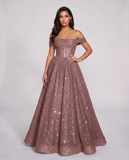 Dusty rose Glitter Tulle Off-Shoulder Corset Ball Gown Maxi Dress | Ramblion | SKU: VMD-583194726408315-DUSTYROSE-L,VMD-583194726408315-DUSTYROSE-M,VMD-583194726408315-DUSTYROSE-S,VMD-583194726408315-DUSTYROSE-XL,VMD-583194726408315-DUSTYROSE-XS