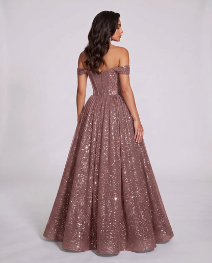 Dusty rose Glitter Tulle Off-Shoulder Corset Ball Gown Maxi Dress | Ramblion | SKU: VMD-583194726408315-DUSTYROSE-L,VMD-583194726408315-DUSTYROSE-M,VMD-583194726408315-DUSTYROSE-S,VMD-583194726408315-DUSTYROSE-XL,VMD-583194726408315-DUSTYROSE-XS
