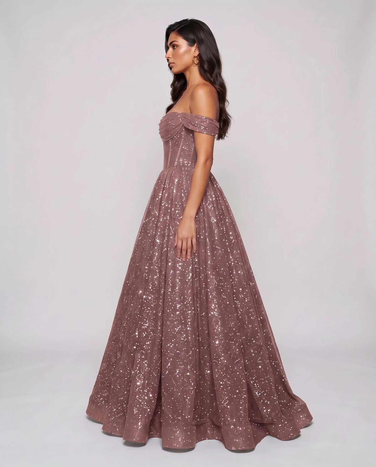 Dusty rose Glitter Tulle Off-Shoulder Corset Ball Gown Maxi Dress | Ramblion | SKU: VMD-583194726408315-DUSTYROSE-L,VMD-583194726408315-DUSTYROSE-M,VMD-583194726408315-DUSTYROSE-S,VMD-583194726408315-DUSTYROSE-XL,VMD-583194726408315-DUSTYROSE-XS