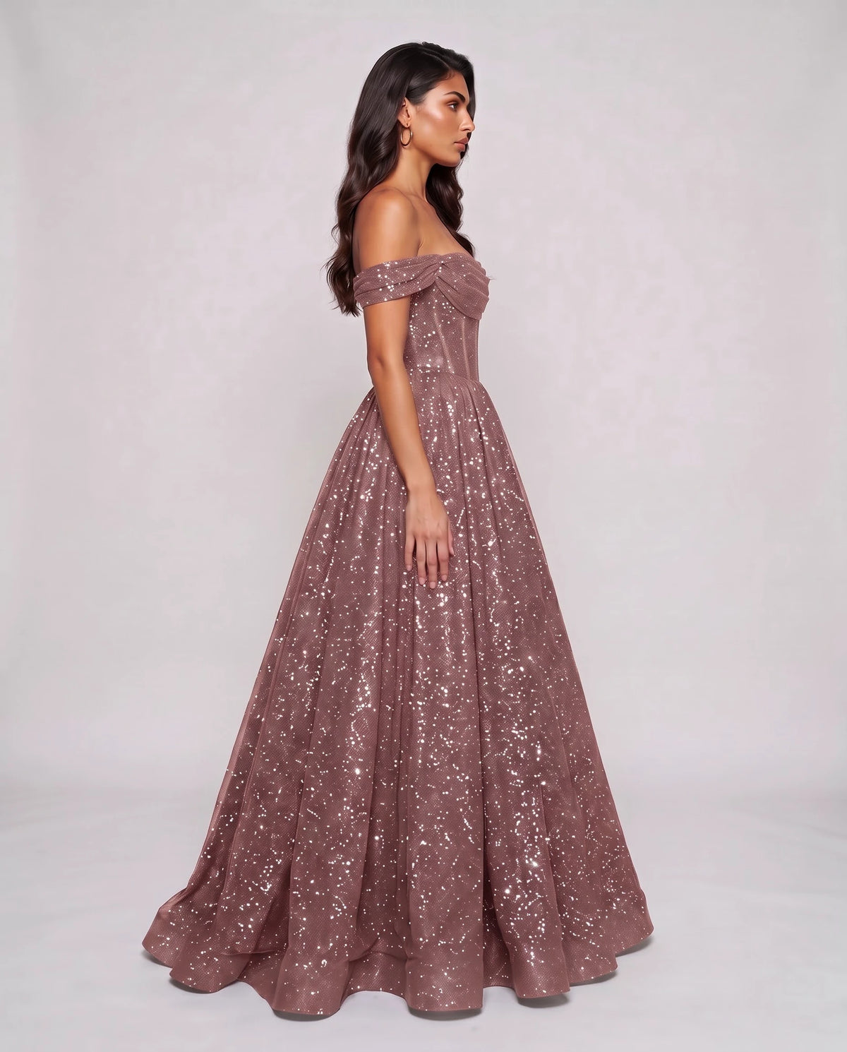 Dusty rose Glitter Tulle Off-Shoulder Corset Ball Gown Maxi Dress | Ramblion | SKU: VMD-583194726408315-DUSTYROSE-L,VMD-583194726408315-DUSTYROSE-M,VMD-583194726408315-DUSTYROSE-S,VMD-583194726408315-DUSTYROSE-XL,VMD-583194726408315-DUSTYROSE-XS