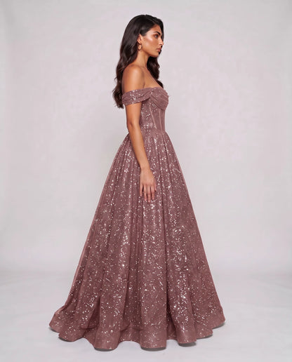 Dusty rose Glitter Tulle Off-Shoulder Corset Ball Gown Maxi Dress | Ramblion | SKU: VMD-583194726408315-DUSTYROSE-L,VMD-583194726408315-DUSTYROSE-M,VMD-583194726408315-DUSTYROSE-S,VMD-583194726408315-DUSTYROSE-XL,VMD-583194726408315-DUSTYROSE-XS